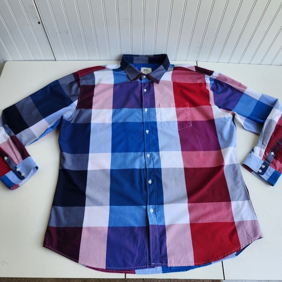Ecko Unltd Button Up Shirt Plaid Print Long Sleeve Mens Cotton Blue Red 3XL XXL - Picture 1 of 10